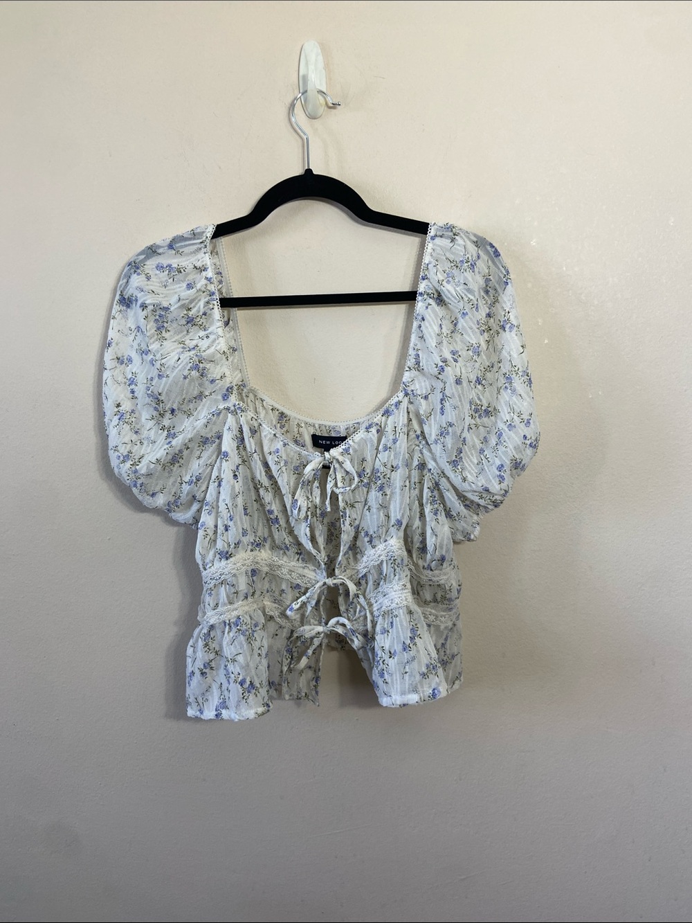 New Look Floral Milkmaid Peplum Blouse US 12 Puff Sleeve Tie Front Cottagecore